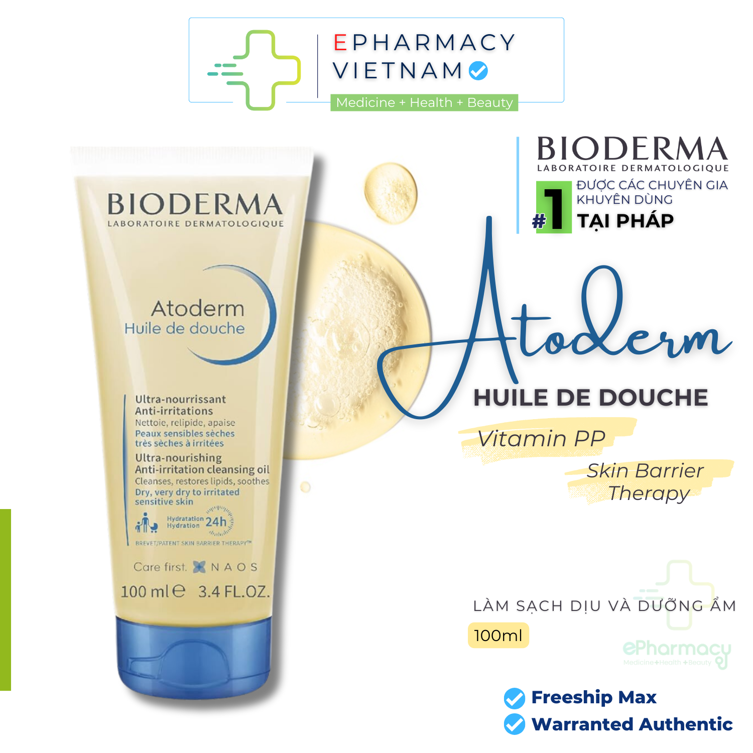 Dầu Tắm Bioderma Atoderm Huile De Douche giúp làm sạch, làm dịu và dưỡng ẩm dành cho da khô, da nhạy cảm