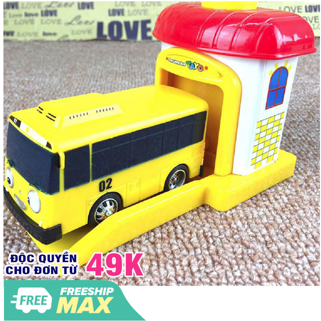 Xe ô tô buýt Tayo The little Bus gồm 1 gara và 1 xe ô tô bus bằng nhựa xe ô tô chạy bằng cót
