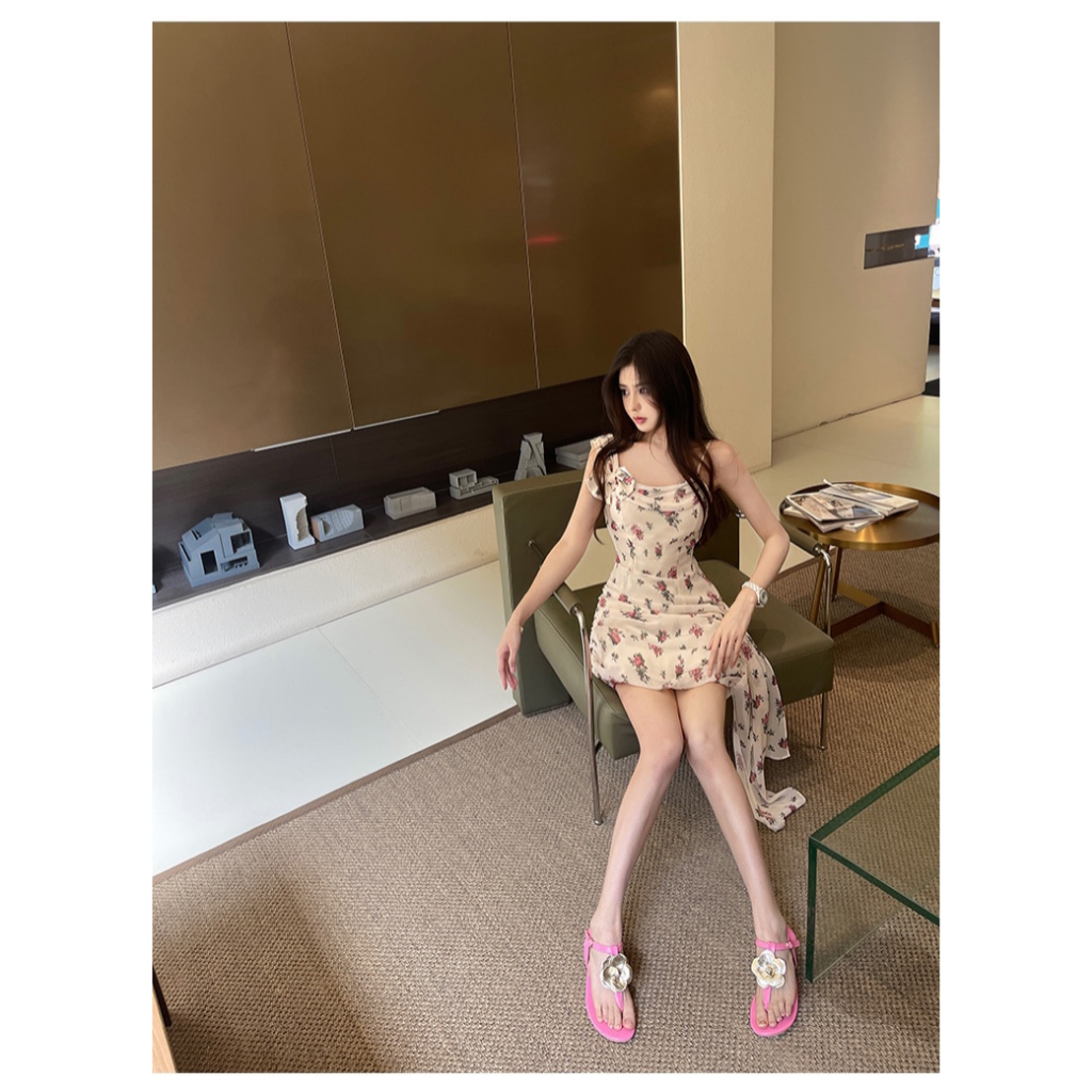 Đầm Hoa 2 Dây Cổ Đổ Phối Nơ Tôn Dáng