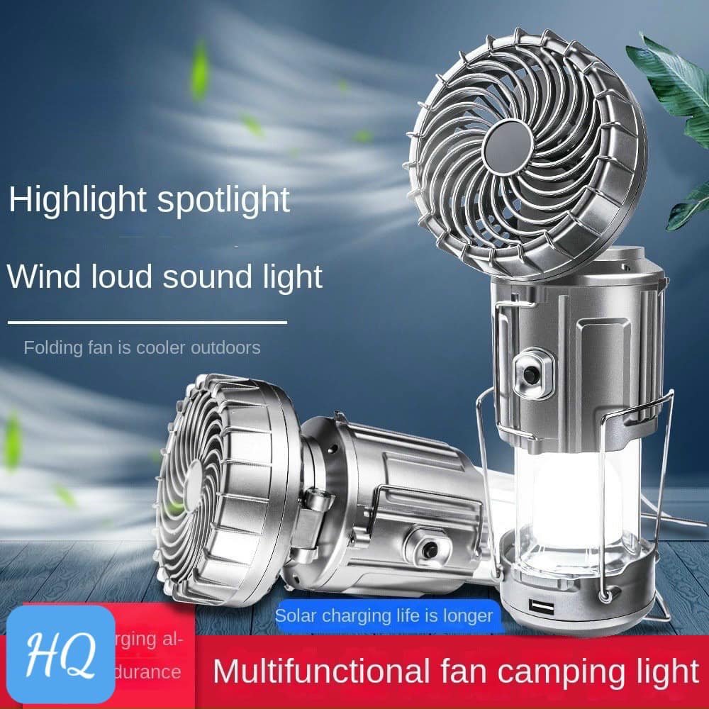 Quạt đèn năng lượng mặt trời đa năng 3 trong 1, dèn LED năng lượng mặt trời chiếu sáng ngoài trời kiêm sạc điện thoại tiện dụng, đèn lồng cắm trại sạc năng lượng mặt trời