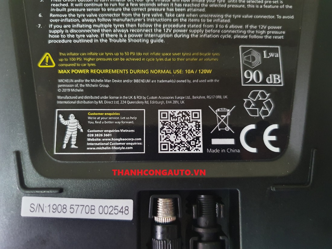 Máy bơm lốp 12V  ô tô MICHELIN 12266 thích hợp dùng cho các dong xe 4,5 và 7 chỗ, SUV