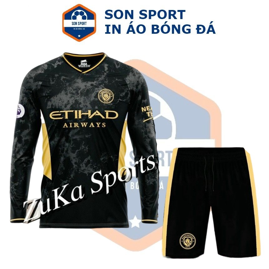 Bộ Quần Áo Bóng Đá Dài Tay CLB Manchester City Đen Loang
