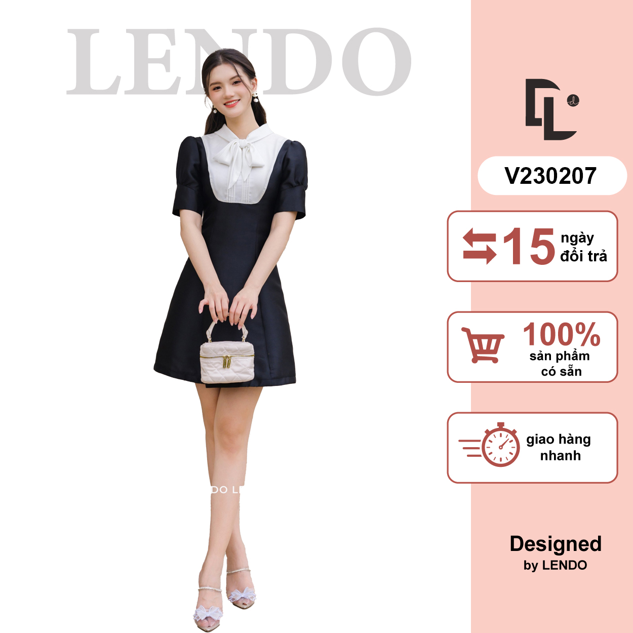 Đầm đen tafta cổ trắng LENDO V230207