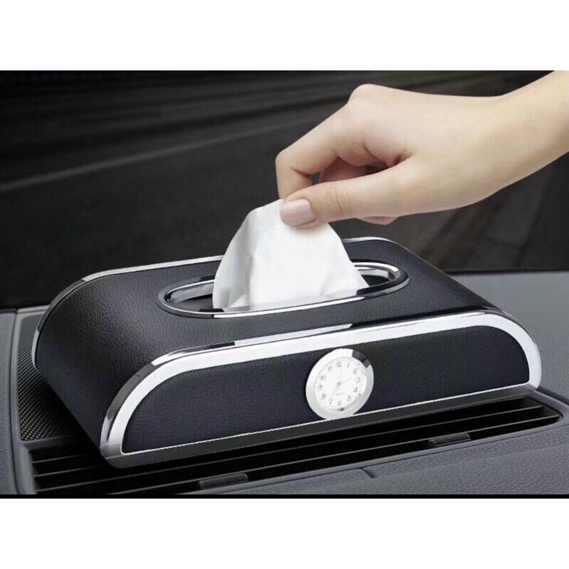 Hộp giấy để oto xe hơi, kèm đồng hồ, bọc da cao cấp