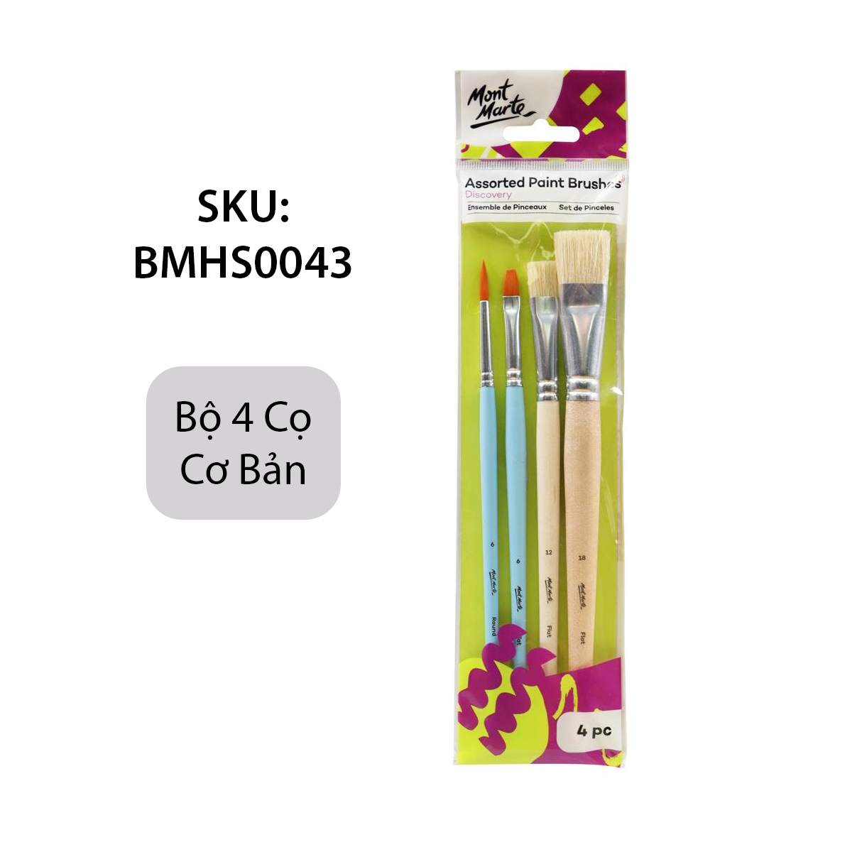 Bộ 4 cọ vẽ mont marte cơ bản - assorted paint brushes discovery 4pc - bmhs0043