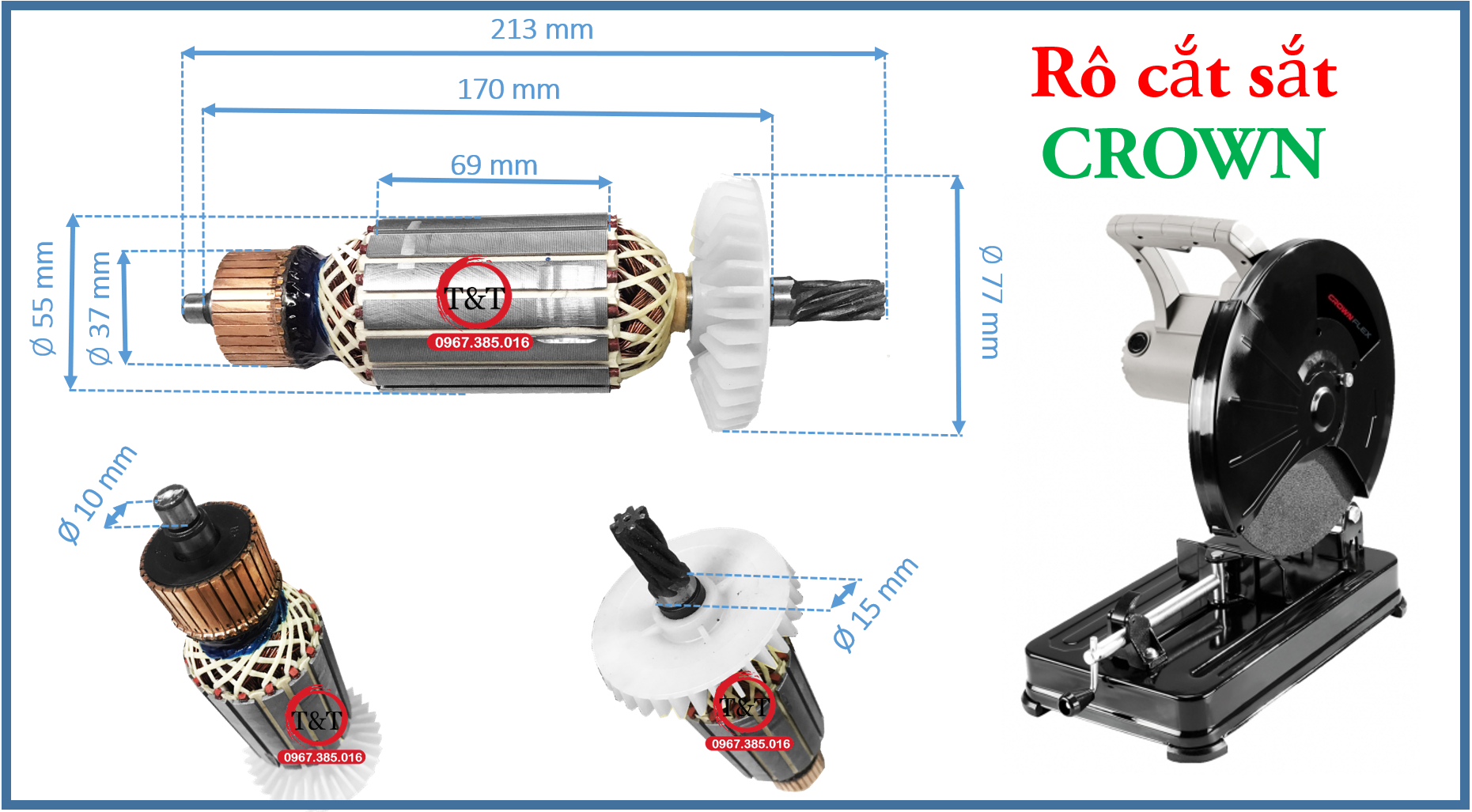 Rotor máy cắt sắt Crown 350mm thân 55 có 7 răng