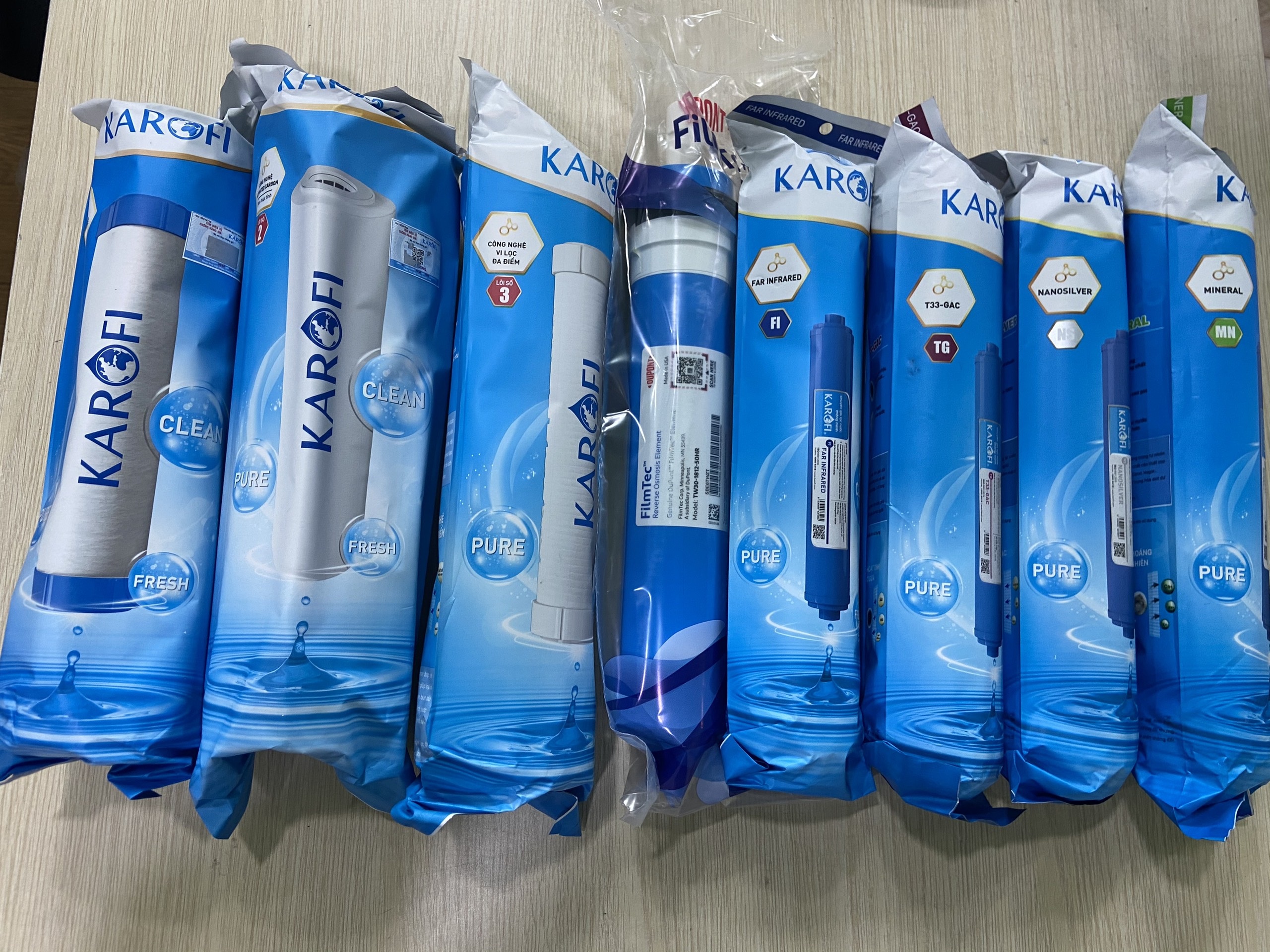 Combo full bộ 8 lõi lọc nước KAROFI - Gồm bộ 123 thô, RO FILMTEC MỸ, bộ khoáng 5678