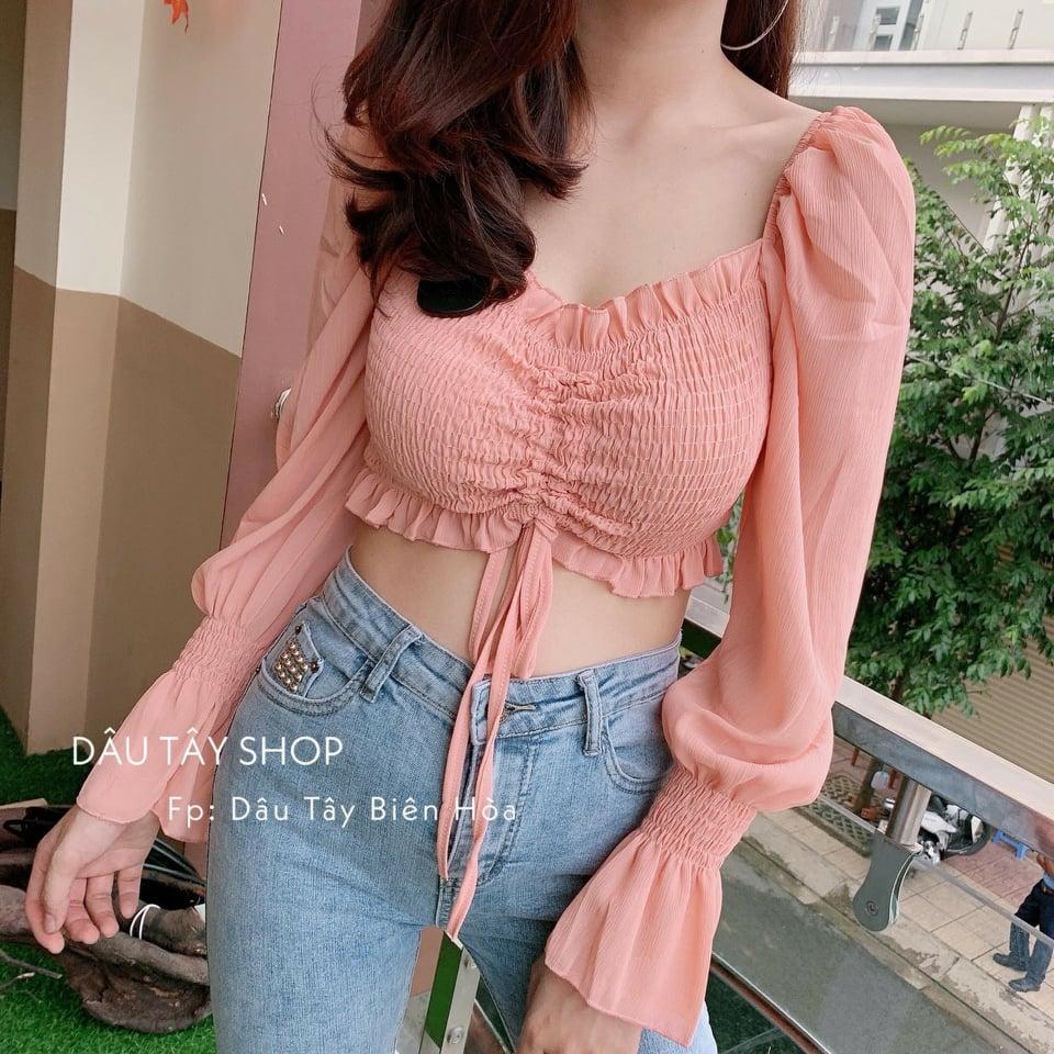 Áo croptop trễ vai tay bồng rút ngực dễ thương TTKX0208