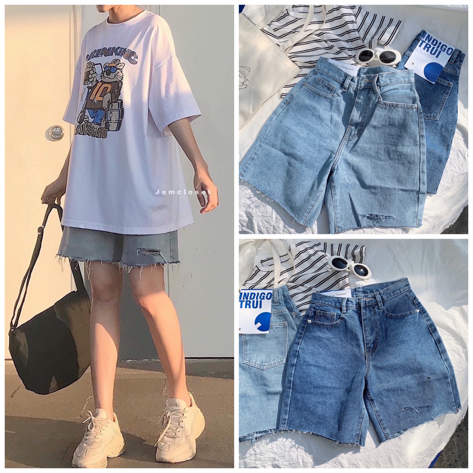 Quần short jean ngố trơn rách - Hình thật