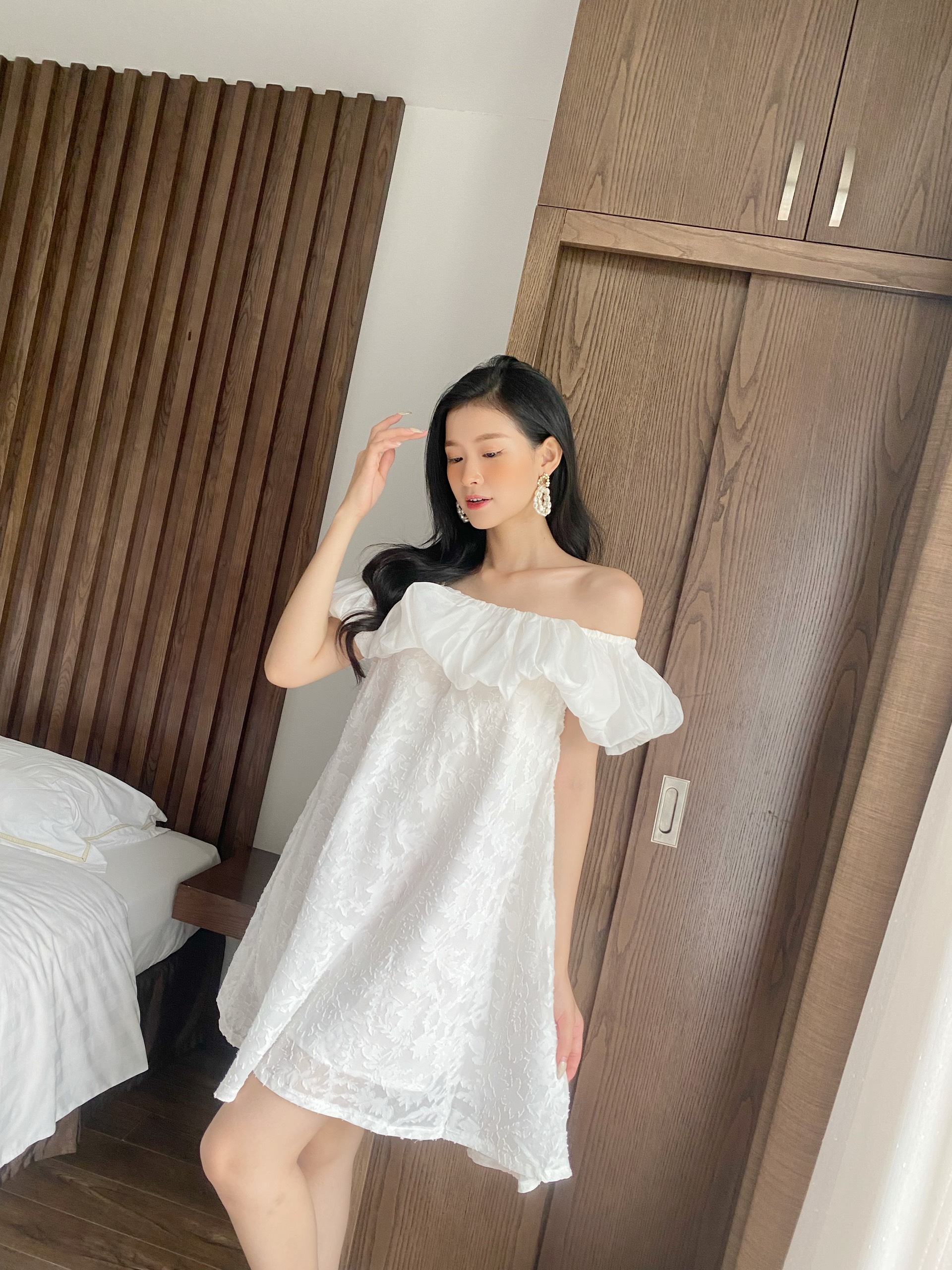 Yu cherry | đầm trễ vai nữ có lót, phần phồng quanh viền ngực charlotte dress yd165