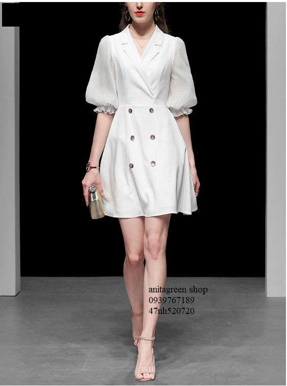 Nh520720-đầm vest đính nút tay phồng lửng