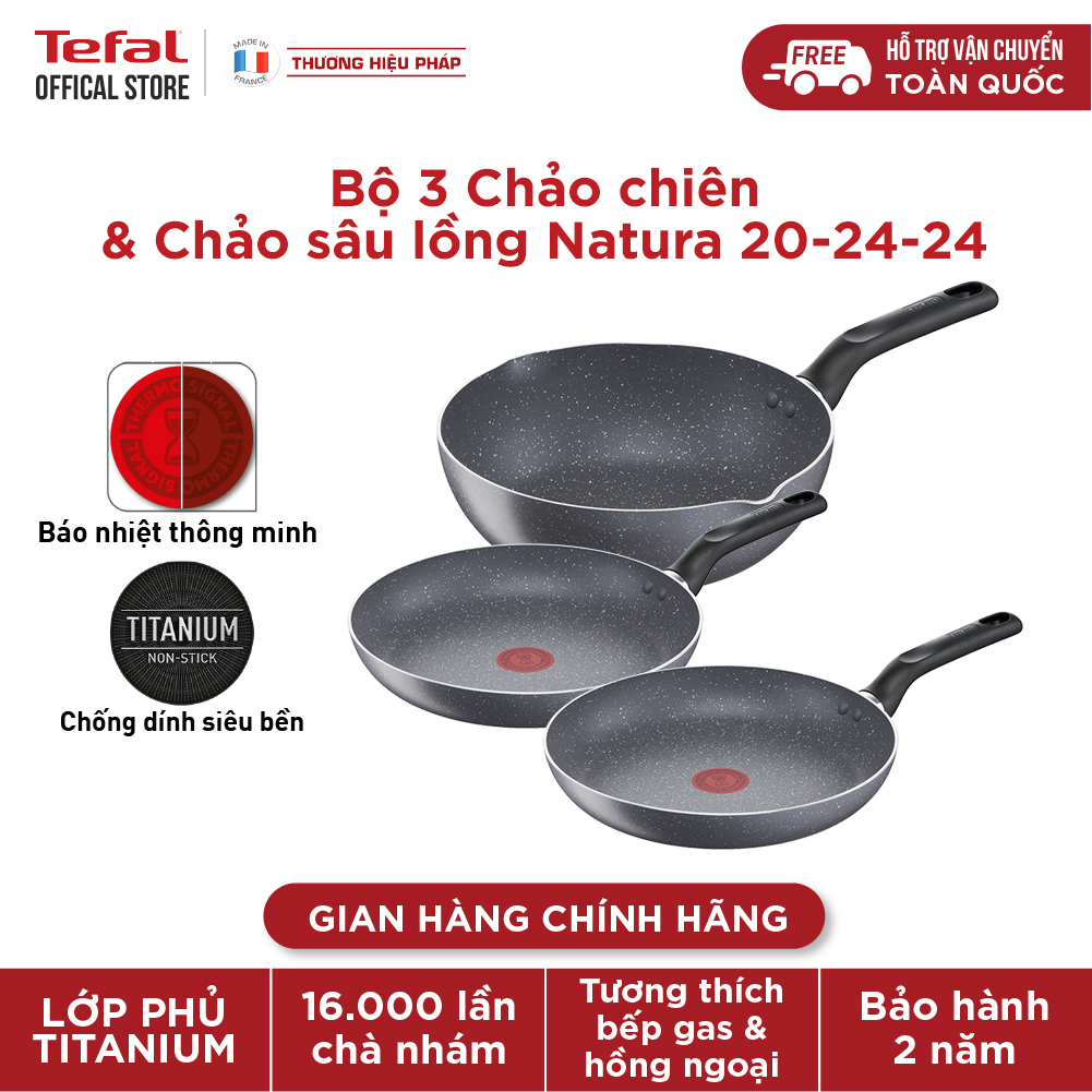 Bộ 3 chảo chống dính vân đá Tefal Natura dùng cho bếp ga, bếp hồng ngoại  (20cm, 24cm, 24cm) - chảo tefal - Gian hàng chính hãng bảo hành 2 năm |  