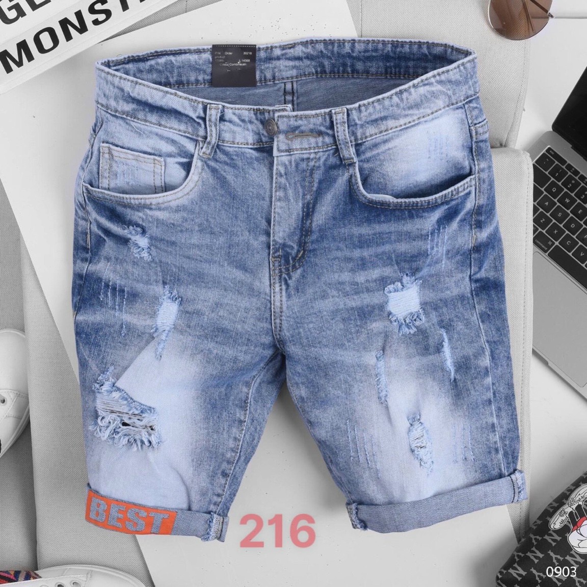 Quần short jean nam rách màu xanh cao cấp, chất liệu jean mềm, dày dặn, co giãn tốt, chuẩn men siêu rẻ và đẹp (size 28-34) KINGSHOPPS SJ015