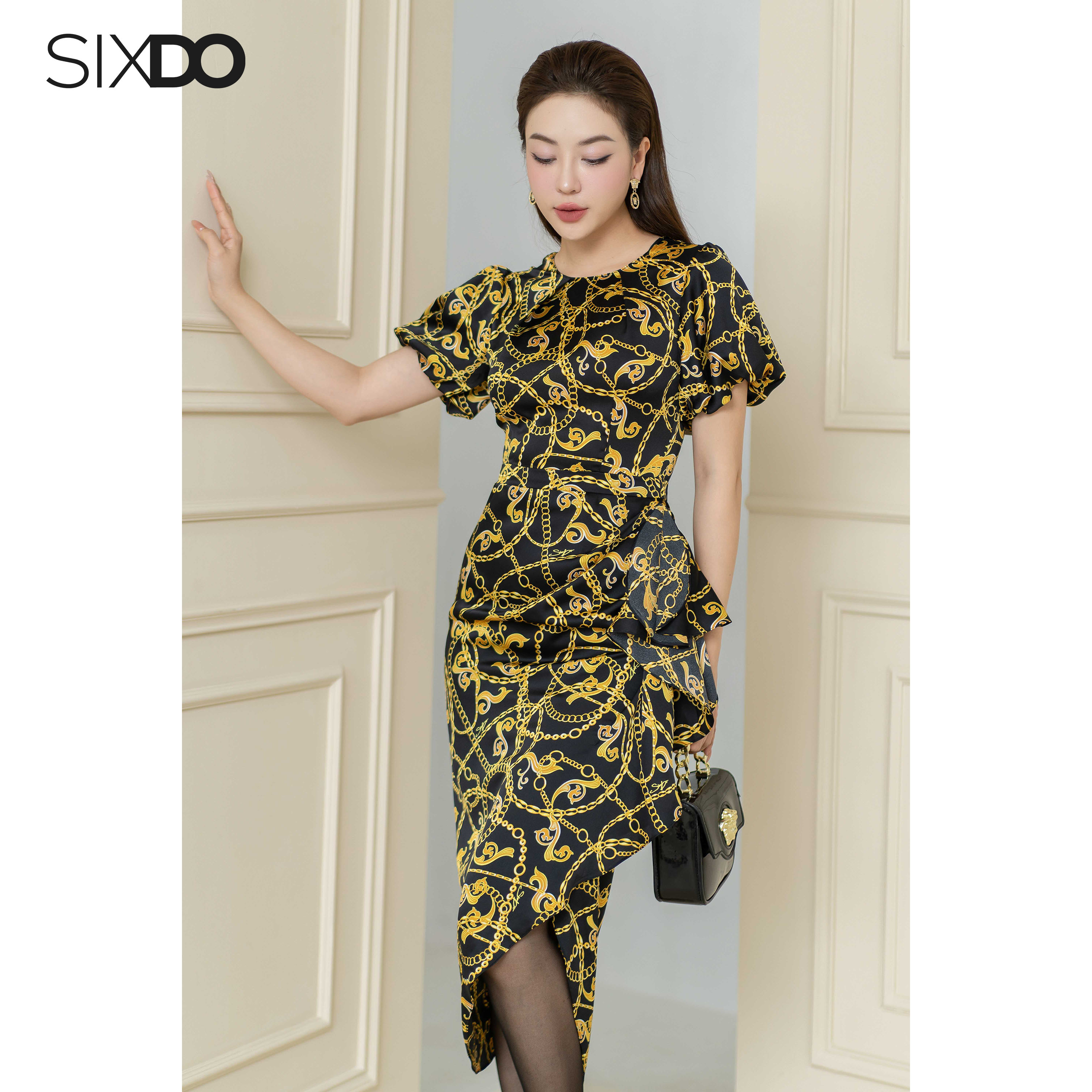 Đầm lụa họa tiết baroque phối bèo SIXDO (Black Baroque Print Silk Midi Dress)