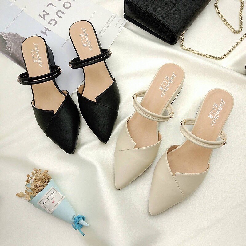 Giày sục nữ mũi nhọn gót 2cm, sandal 2 quai ngang đính đá