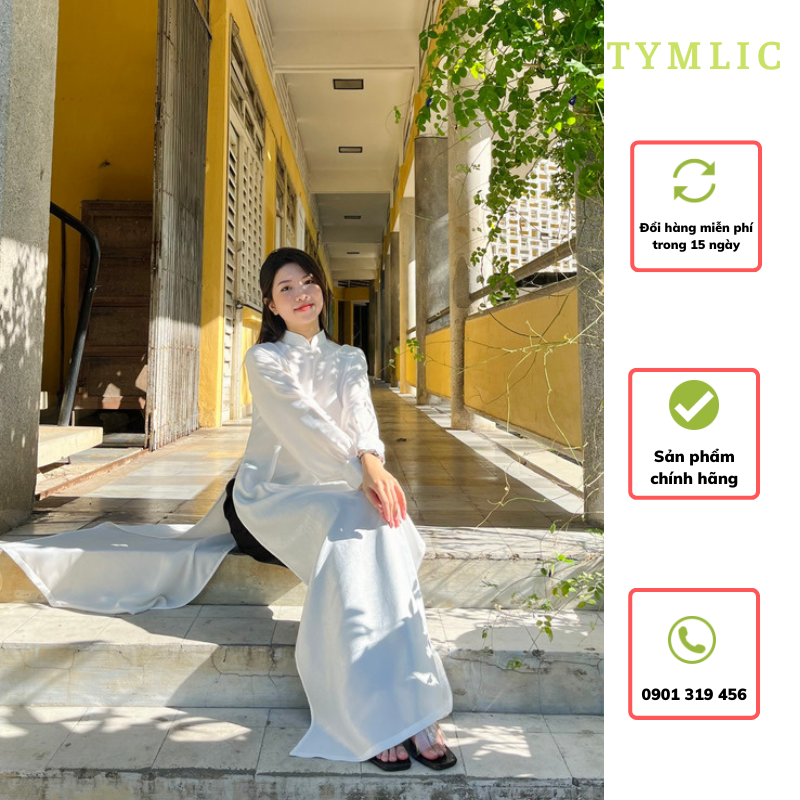 Áo dài lụa tay phồng nút ngọc màu trắng tymlic