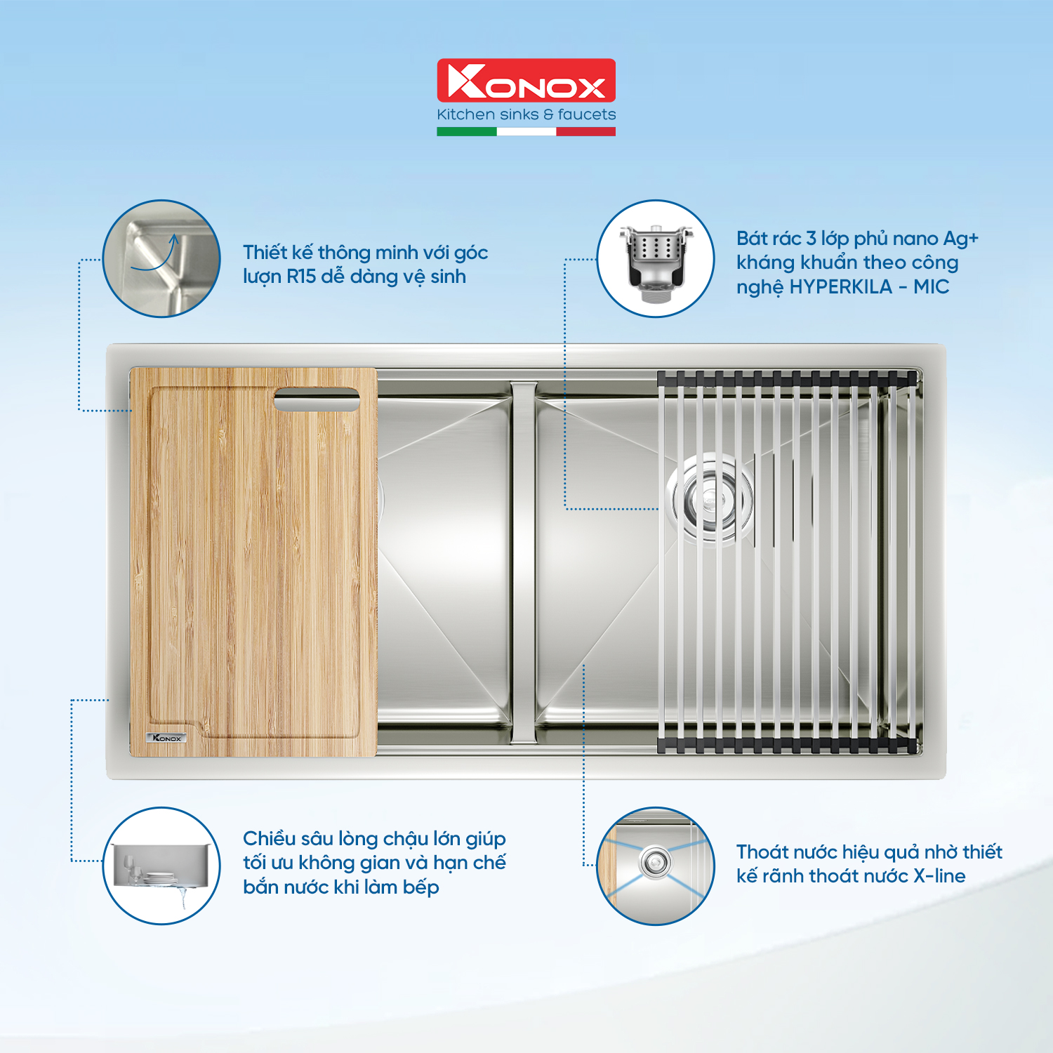 Chậu rửa bát inox 2 hố lắp âm Konox KN8745DUB