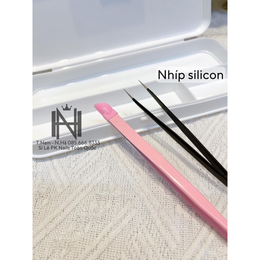 Nhíp Gắp Đá Nail Có Đầu Silicon,nhíp thẳng,  miết sticker