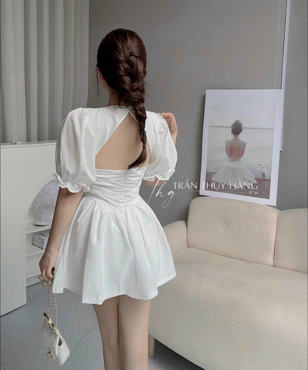 Đầm Xòe Tiểu Thư Bo Eo Tay Phồng Hở Lưng