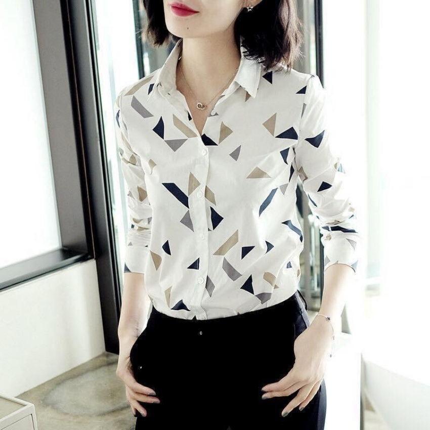 [HCM]Áo sơ mi nữ dài tay in họa tiết hình học khối màu mã TGK001 Thời trang ZANATA siêu hot Chất vải thoáng mátmềm mịnthấm hút mồ hôi tốt