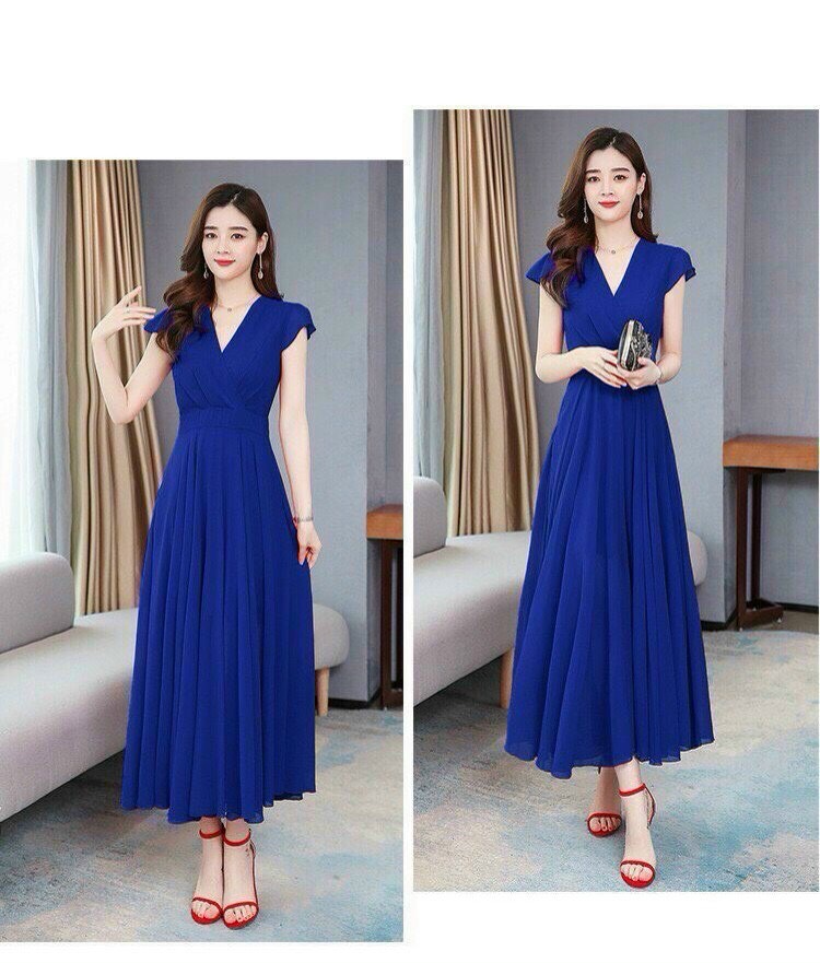 Đầm maxi cổ v tay con chất vải chifon