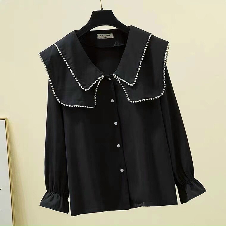 Áo Sơ Mi Nữ Lụa Quảng Châu Cổ Đan Kép Pha Ren Kép Hạt M006