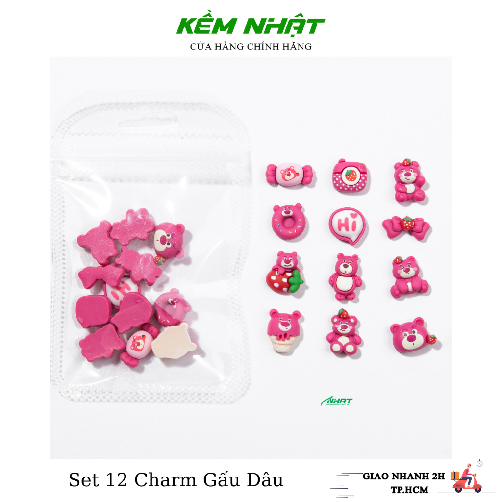 Set 12 charm gấu dâu đính móng siêu hot