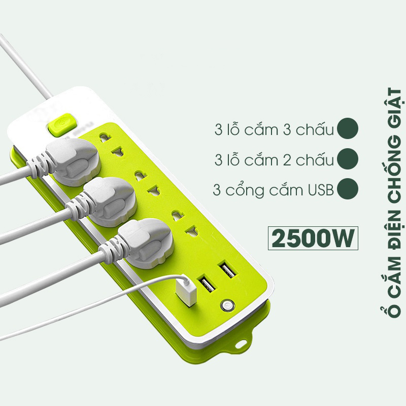Ổ Cắm điện Xanh đa Năng Chống Giật Tích Hợp 3 Cổng USB, Ổ điện đa Năng Chống Giật - ổ Cắm điện Thông Minh Kèm Cổng Sạc USB (6 Phích Cắm, 3 USB)