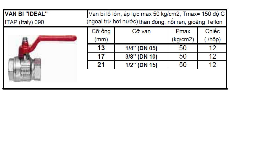 Van bi đồng ren art.090 Italy phi 13 phi 17 phi 21 áp lực 50kg