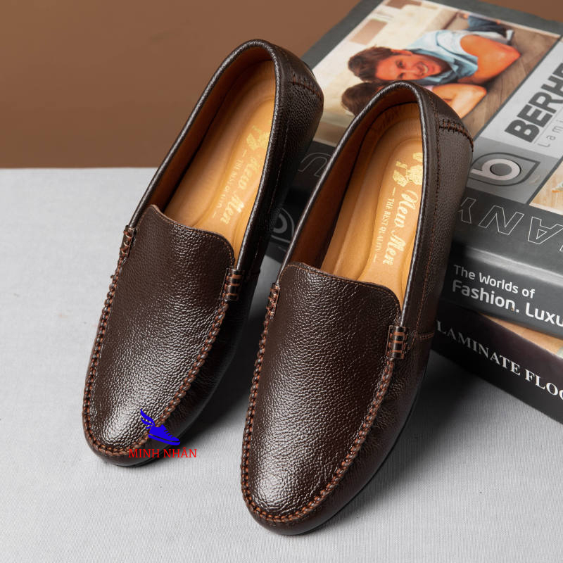 Giày mọi nam da bò Giày lười nam da bò Giày xỏ giày mọi nam cao cấp da nhăn da bò dày hàng hiệu giá rẻ M-2 màu nâu