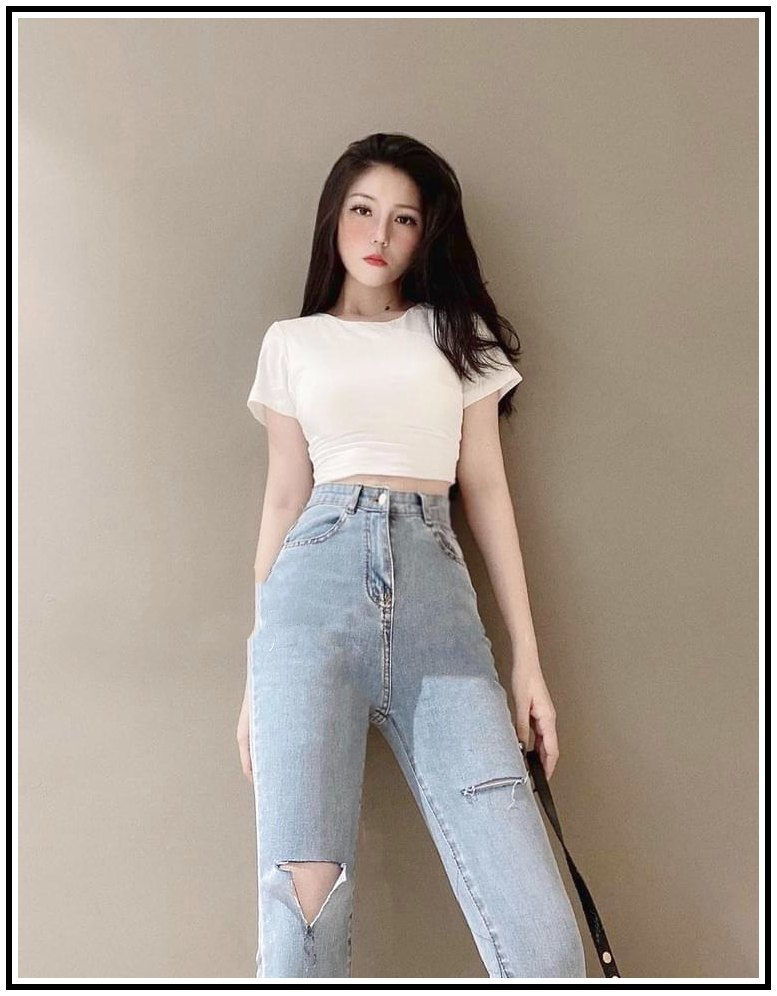 Quần jean nữ lưng cao rách xẻ gối phối rách lai 1 bên mẫu mới O1