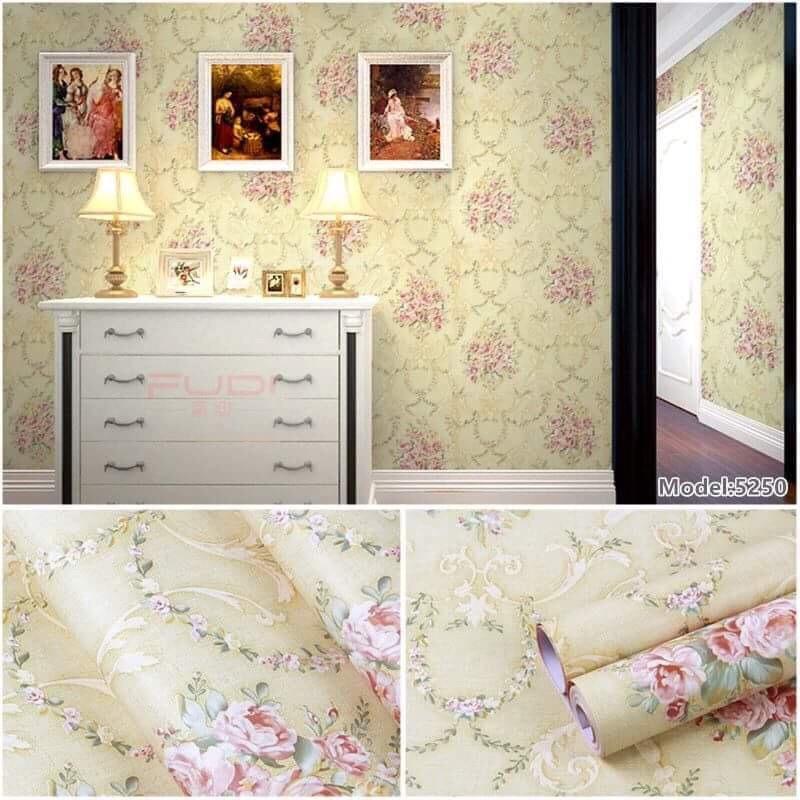 10M GIẤY DÁN TƯỜNG SẴN kEO HOA TRÀ VÀNG (45cm x 10m)