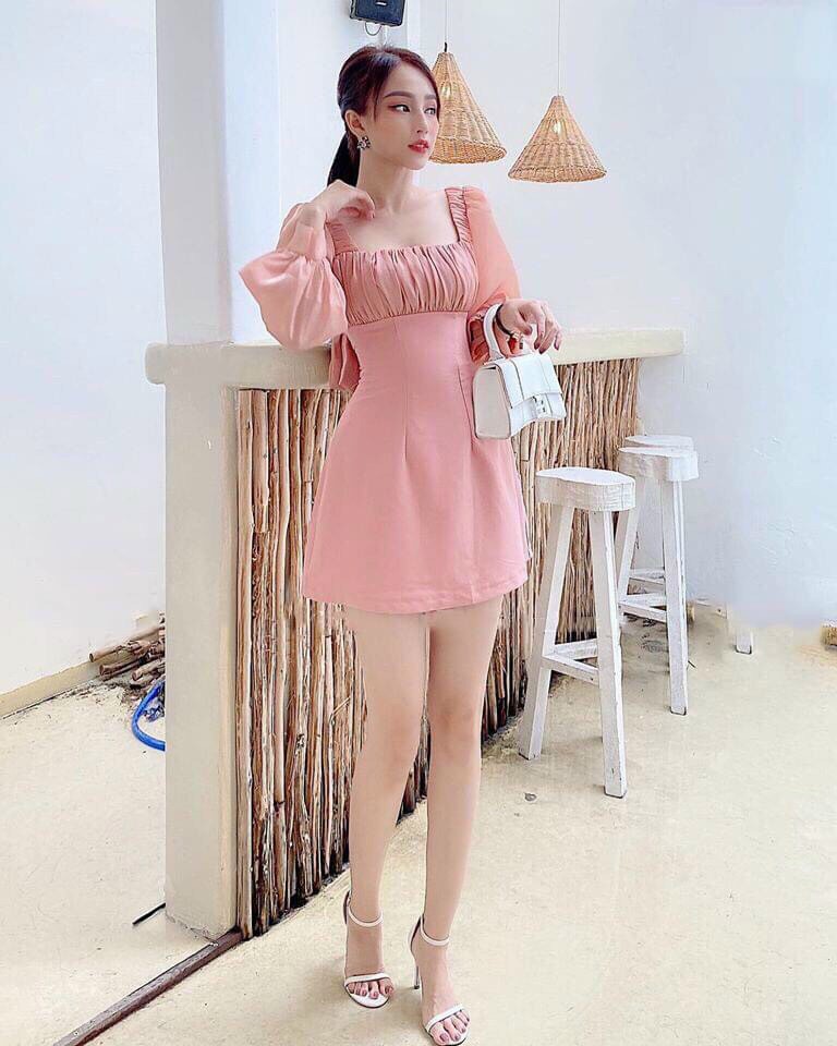 [HCM]Đầm dự tiệc cổ vuông nhúng ngực tay dài #damcovuong