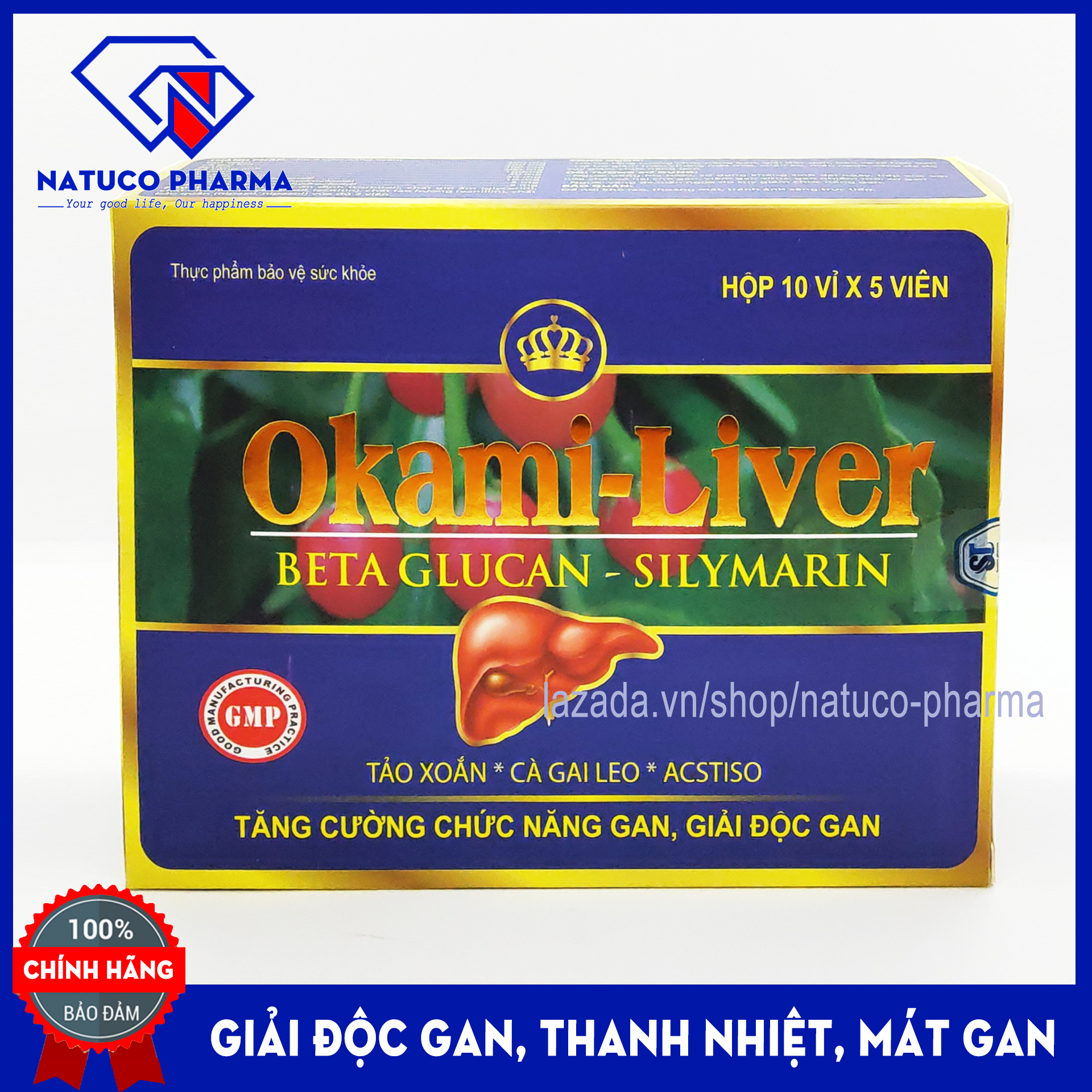 Viên uống bổ gan OKAMI-LIVER- Từ tảo xoắn, cà gai leo, acstiso giúp giải độc gan, hạ men gan, tăng cường chức năng gan - Hộp 50 viên chuẩn GMP