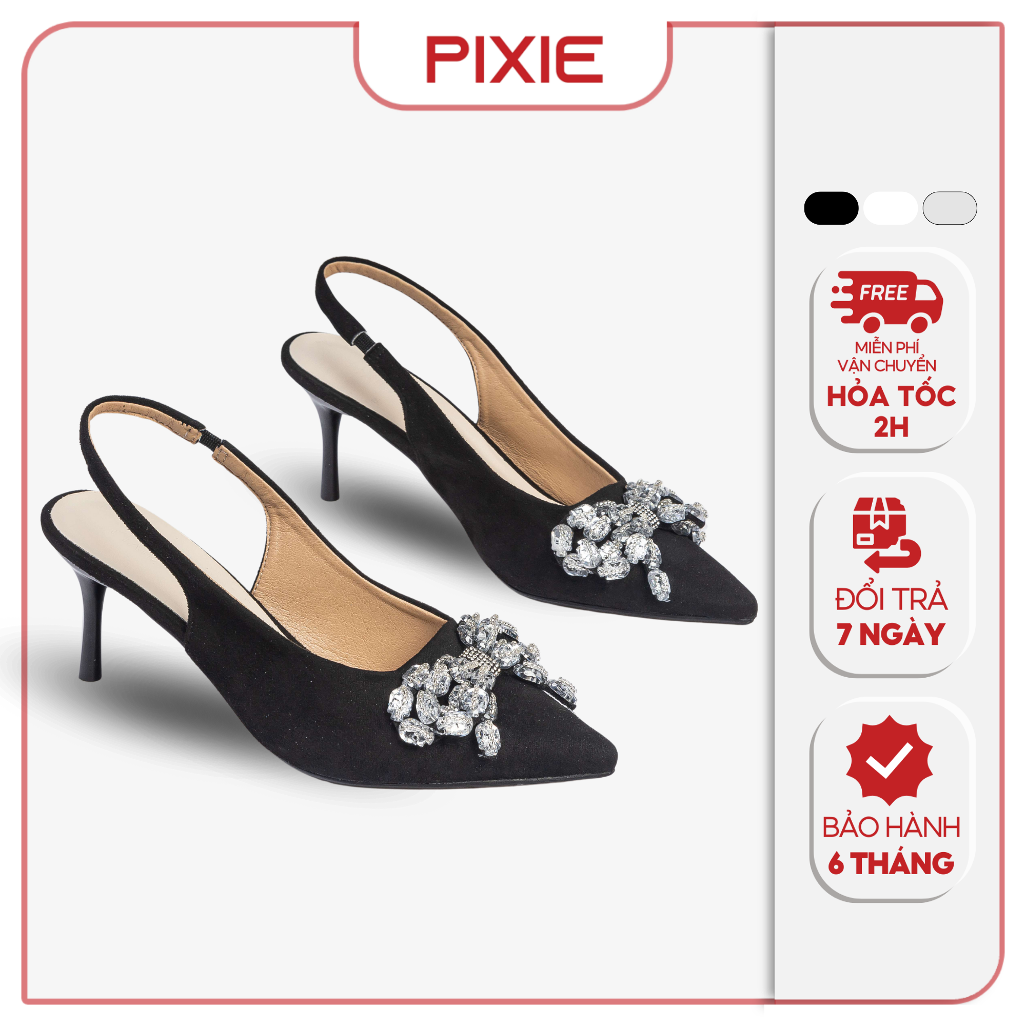 Giày Cao Gót 7cm Sling Back Phối Nơ Đính Đá Pixie E246
