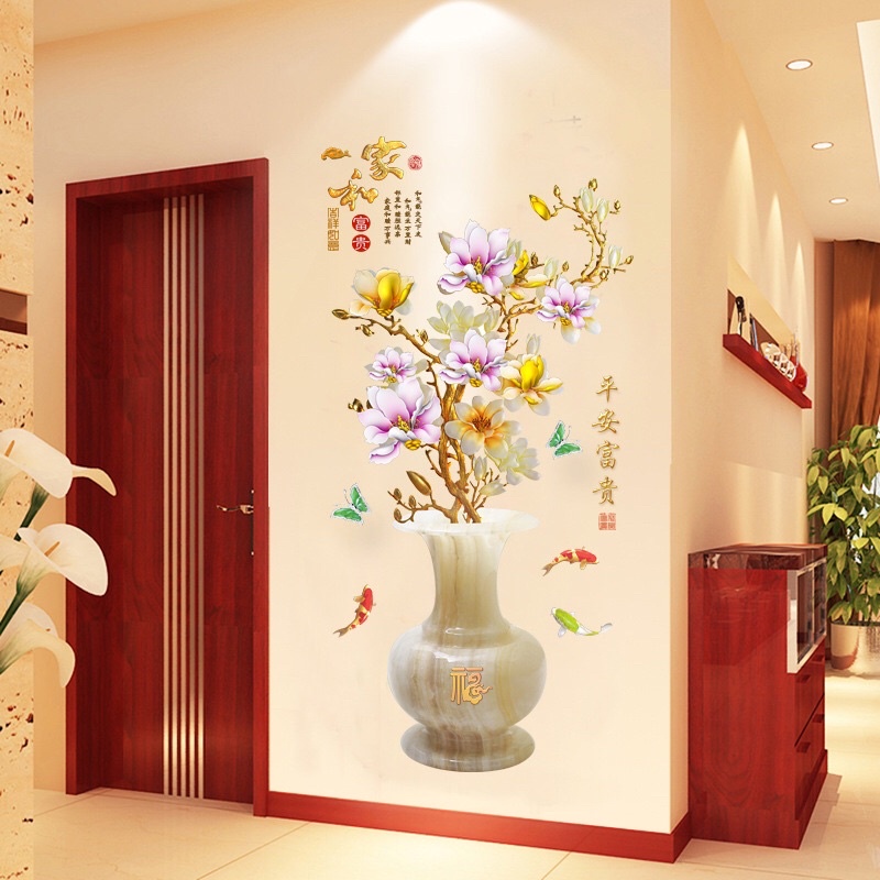 Decal dán tường trang trí phòng khách bình hoa ngọc
