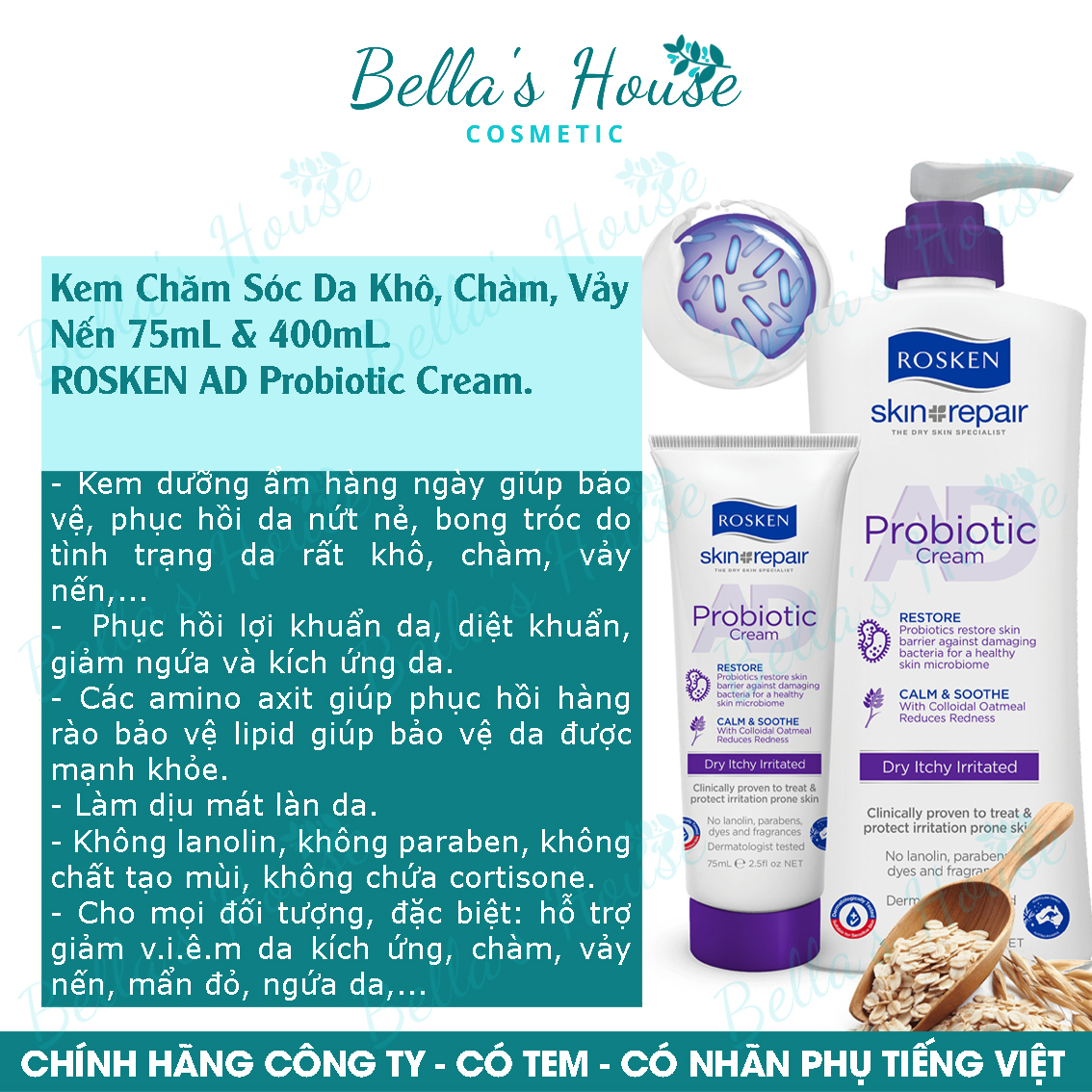 HCM [ TEM CÔNG TY] Chăm Sóc Da Khô, Chàm, Vảy Nến - ROSKEN AD Probiotic  75mL & 400mL