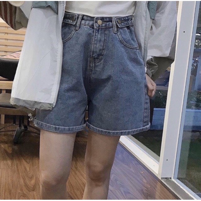 Quần Short Jean Lưng Cao Phối 2 Nút