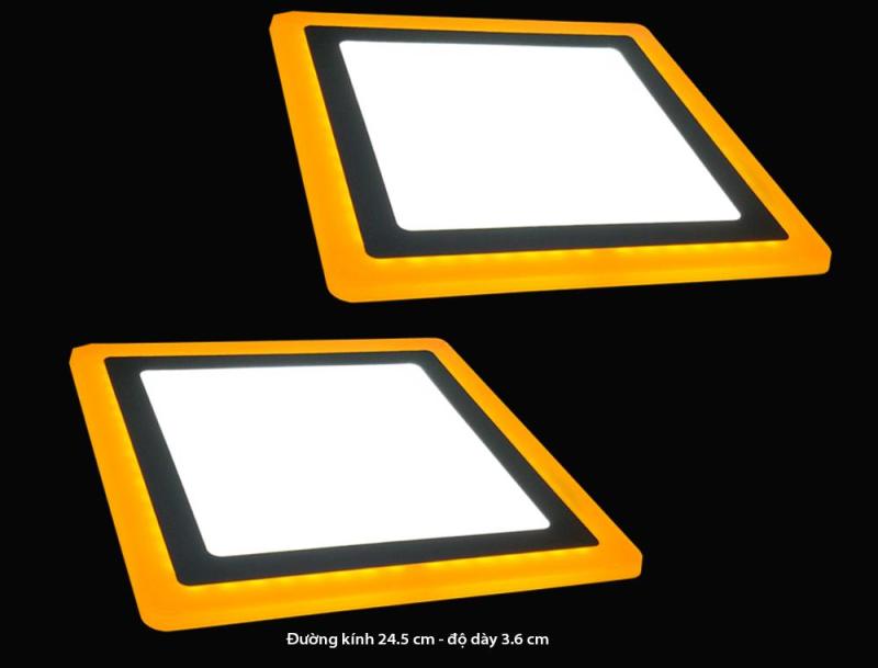 Bộ 2 đèn led nổi ốp trần 24w vuông 2 màu 3 chế độ ánh sáng trắng vàng