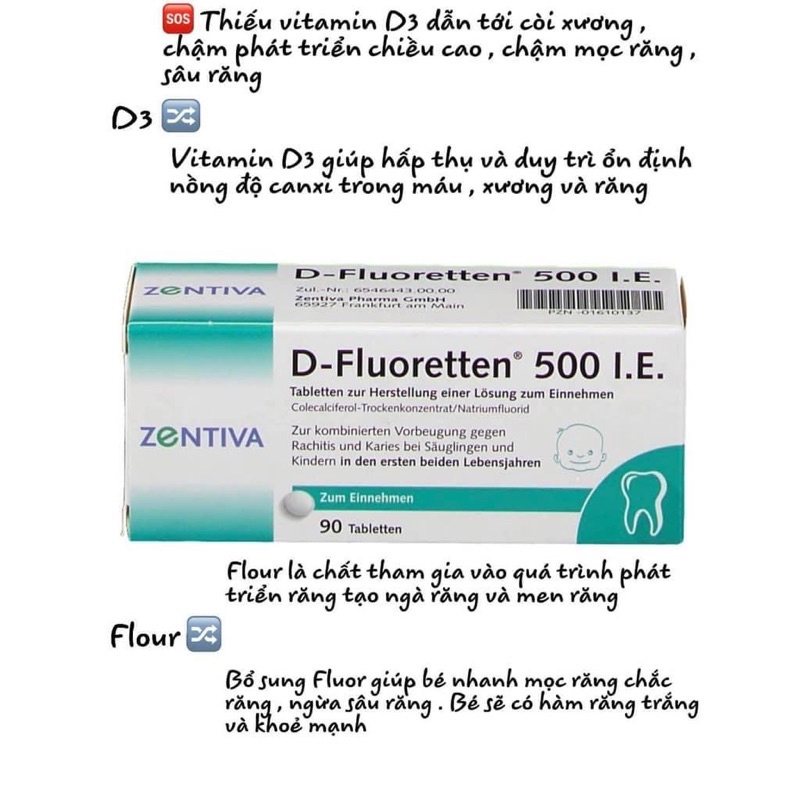 Vitamin D3 Dflo D Fluoretten 500 IE 90 viên