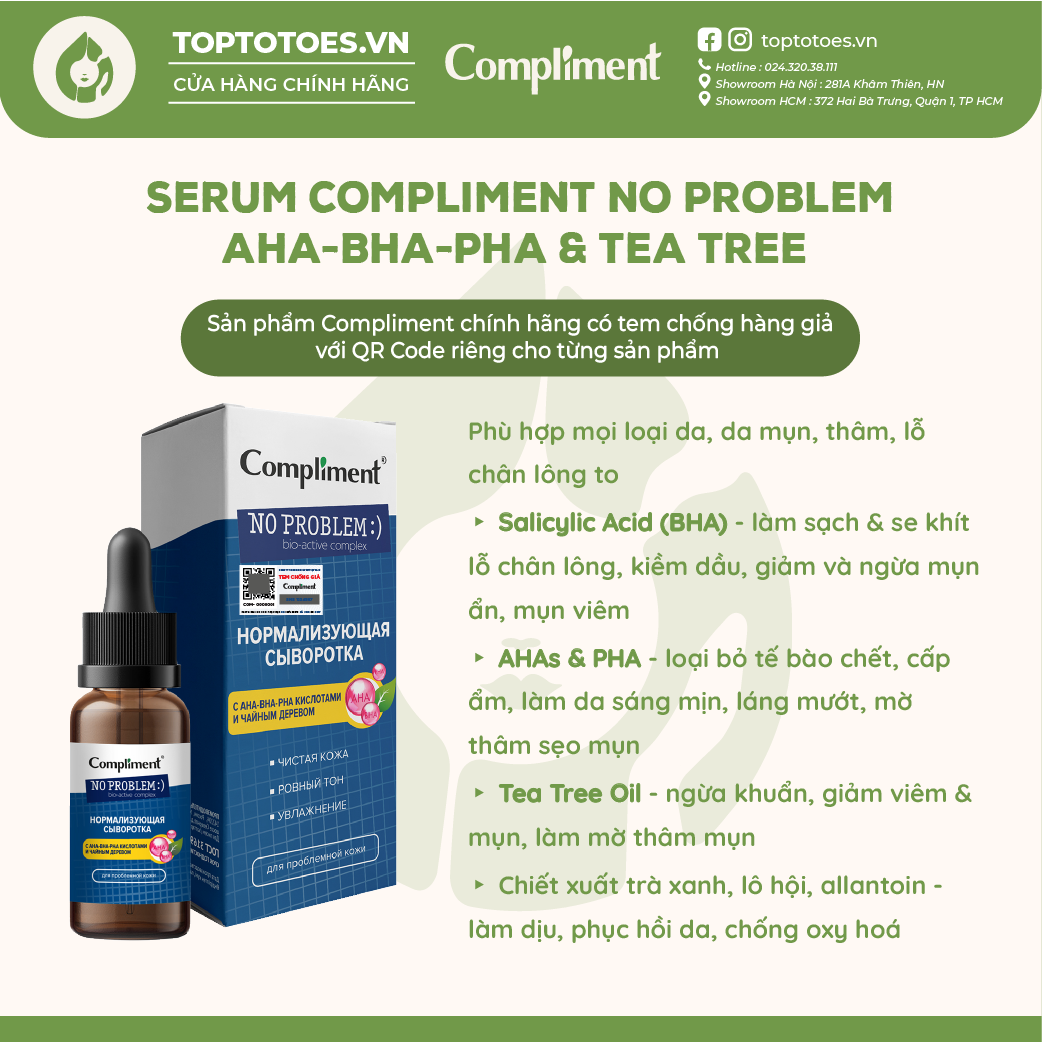 Serum Compliment No problem AHA-BHA-PHA giảm mụn mờ thâm se lỗ chân lông cho da dầu mụn 27ml