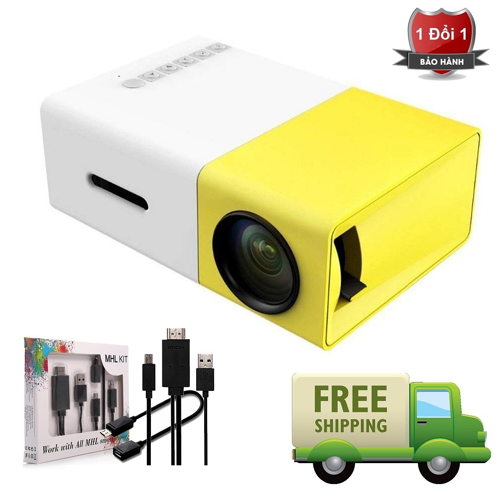 Máy chiếu Mini Smart LED kèm cáp truyền tín hiệu cho điện thoại và máy tính hỗ trợ độ phân giải lên đến 1920 x 1080