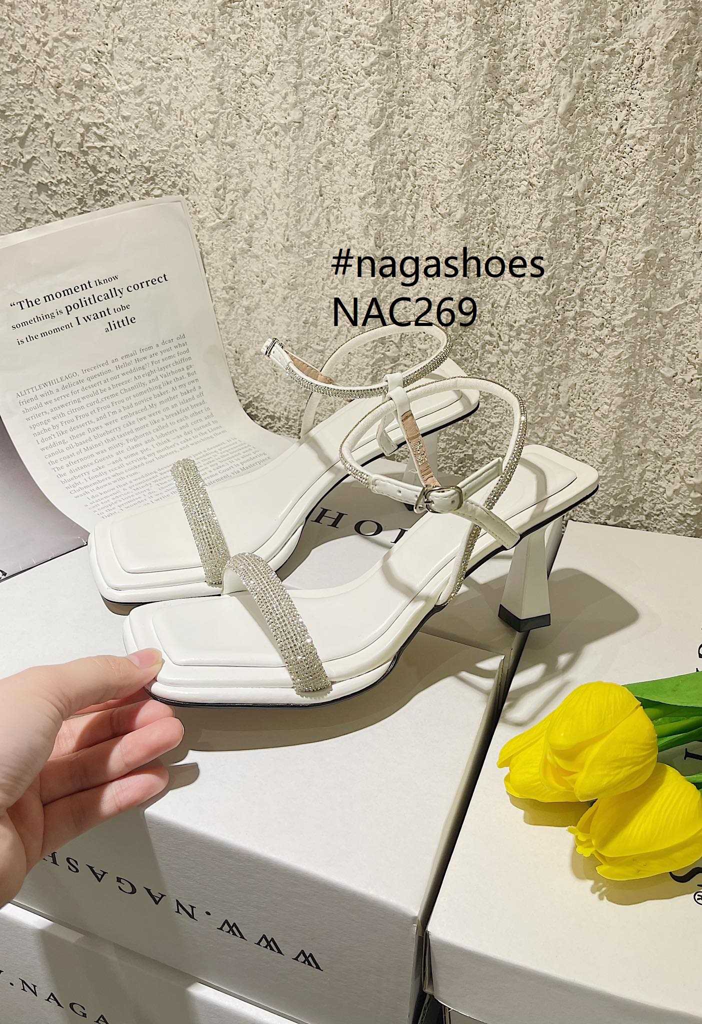 Cao gót nagashoes quai ngang đính đá gót nhọn 7p nac269