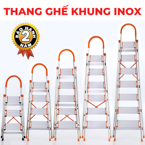 Bảng giá Thang nhôm ghế có tay vịn khung Inox 3 bậc, 4 bậc, 5 bậc, 6 bậc, 7 bậc chiều cao 0.6 đến 1.7m; BH 24 tháng