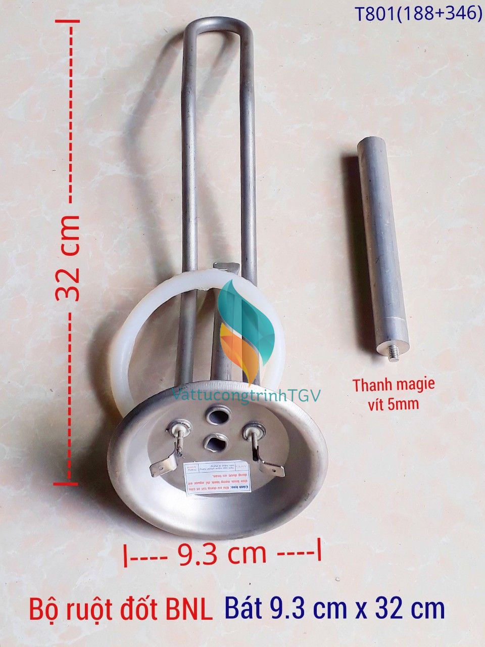 Bộ ruột đốt bình nóng lạnh ferroli ngang bát tròn 9,3cm x 32cm + thanh magie 5mm