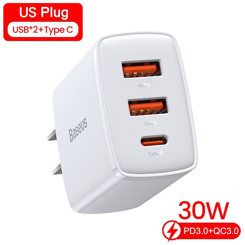 Củ sạc nhanh iphone ipad chính hãng baseus công suất 30w trang bị 2 cổng usb + type c pd/qc3.0