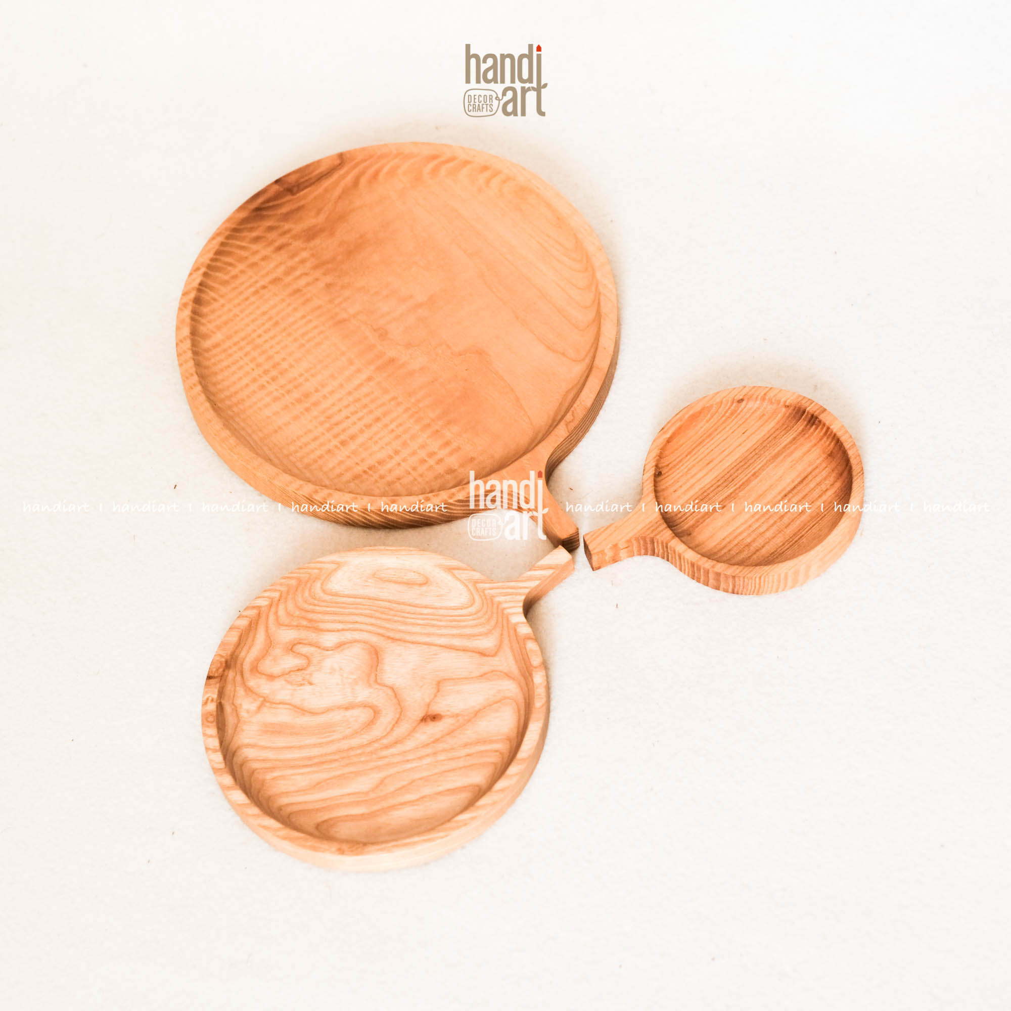 Set of 3 tray round wood handle-tray Wood frequency
