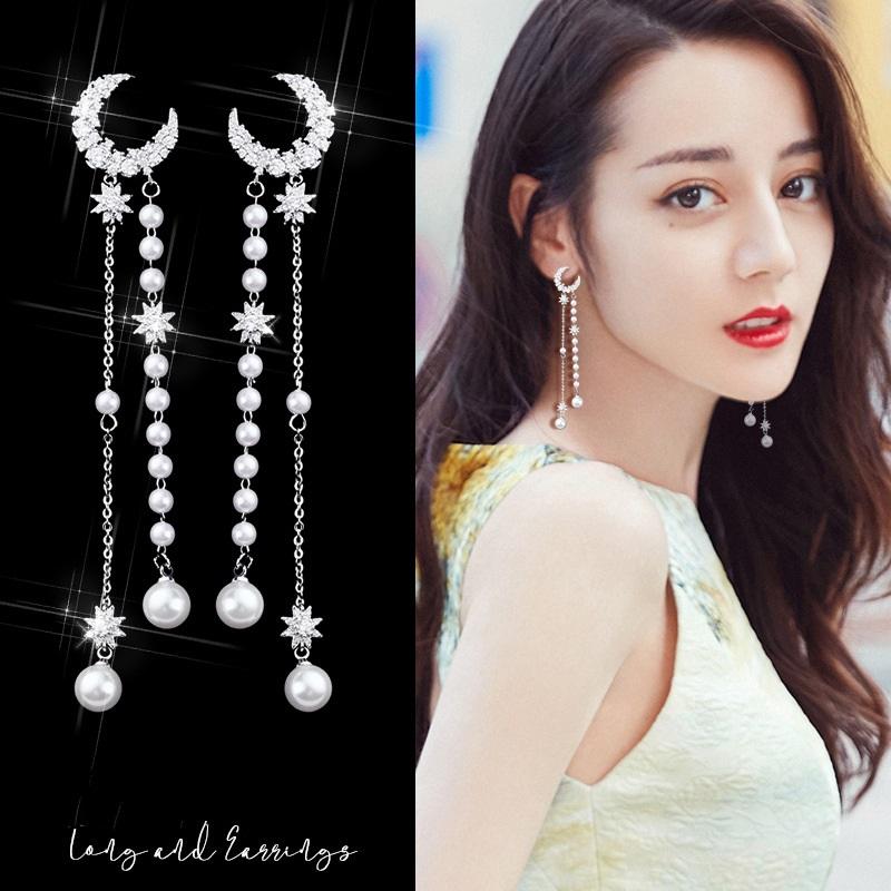 [HCM]Bông Tai Mặt Trăng Ngọc Trai Dài Tua Rua Sang Trọng Quí Phái BTMOONPEARLTUARUA