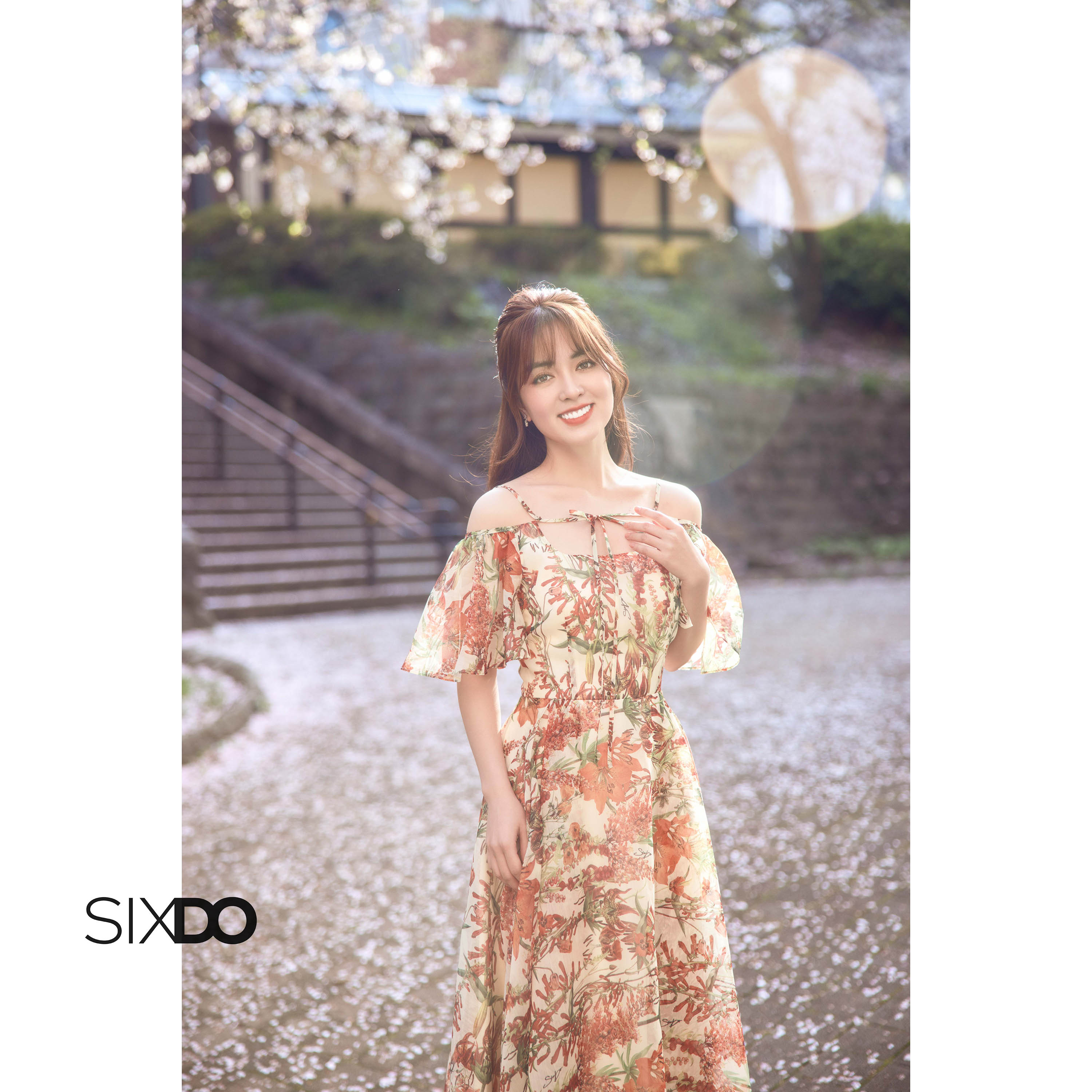 Đầm tơ hoa trễ vai SIXDO (Green Nuggets Floral Off-shoulder Midi Dress)