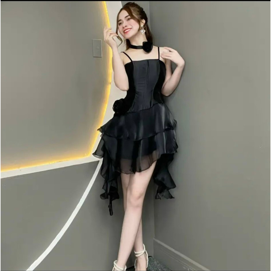 Đầm váy 2 dây phối choker dáng tầng trắng đen quyến rũ dự tiệc chụp hình by8502